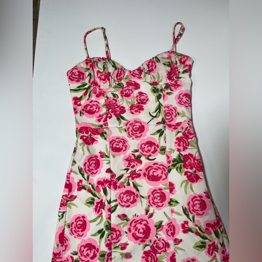 Zara Strapless Floral Pink and Green Dress Size Small - Picture 5 of 16